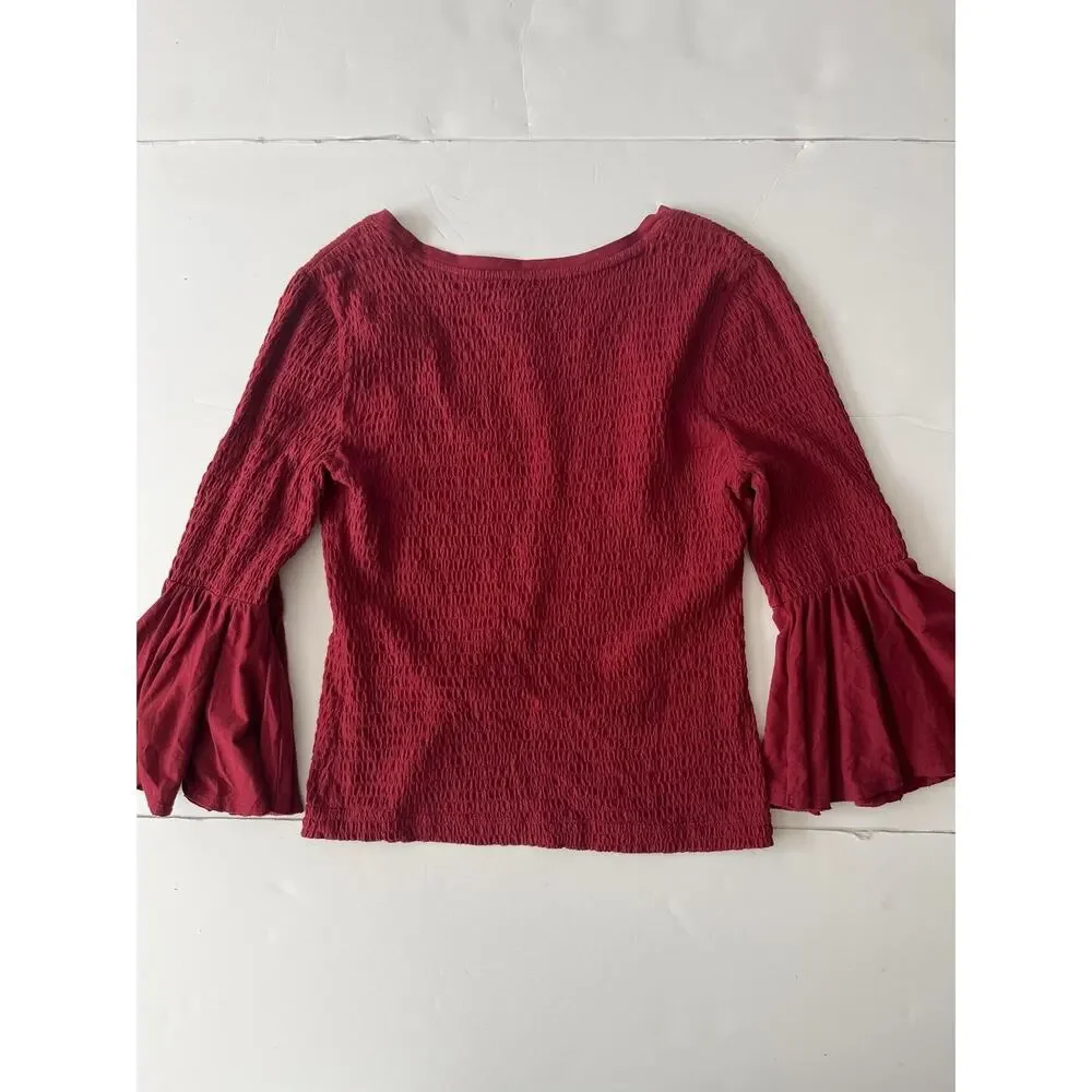Anthropologie Shirt Womens M Maroon Red Smocked Bell Sleeve Scoop Neck Knit Top